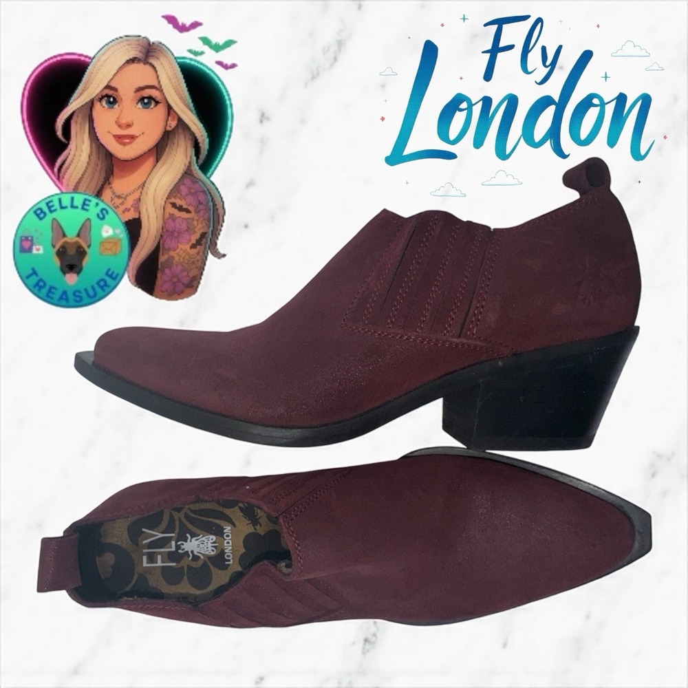 Fly London Women Bootie‎ 6-6.5 Us Burgundy Suede Ankle Snip Toe Heeled Boot